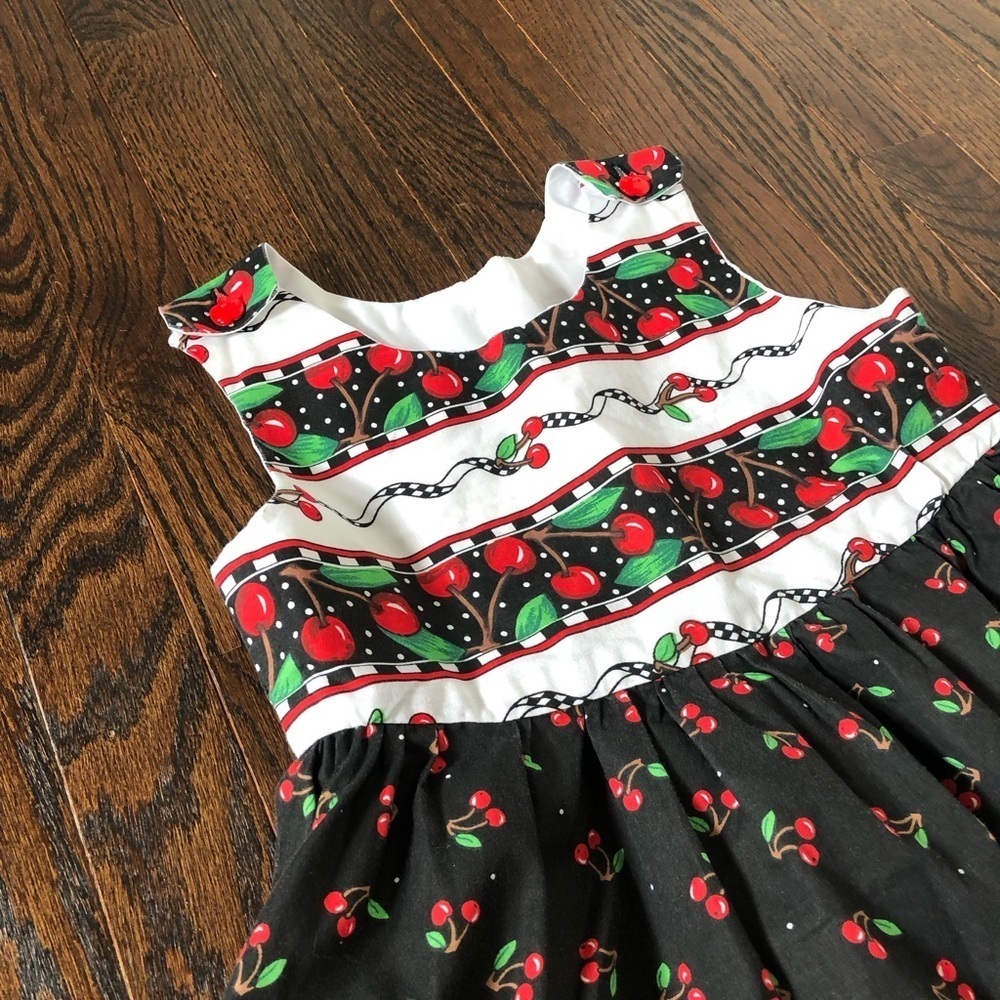 Vintage Girls 8-10 Black/Red Cherries A-Line Sleeveless Midi Dress w/Pockets - Picture 2 of 10